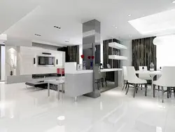 Белый пол из керамогранита в интерьере кухни гостиной
