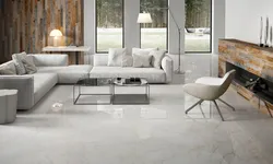 White porcelain stoneware floor in the interior of the kitchen living room