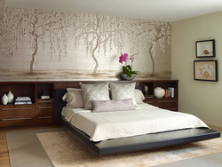Photo wallpaper in the bedroom in the interior above the bed