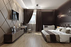 Bedroom interior with brown wallpaper and furniture