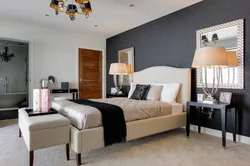 Bedroom interior with brown wallpaper and furniture