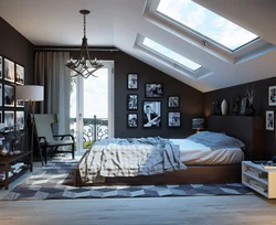 Bedroom design in the attic with a sloping ceiling