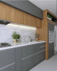 Gray Kitchen With A Wooden Countertop And A Wood-Effect Apron Photo