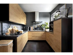 Gray kitchen with a wooden countertop and a wood-effect apron photo