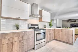 Kitchen white top wooden bottom with white countertop photo