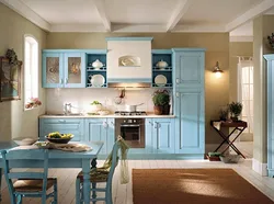 Beige and blue kitchen in the interior photo