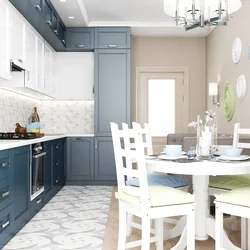 Beige and blue kitchen in the interior photo