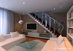 Living Room Design With Stairs To The Second Floor Photo