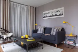 Gray walls in the living room interior, what kind of curtains photo