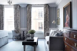 Gray walls in the living room interior, what kind of curtains photo