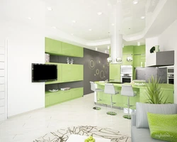 Зеленая Кухня В Интерьере С Гостиной Дизайн