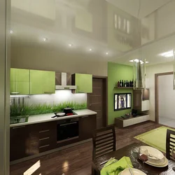 Green kitchen in the interior with living room design
