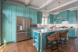What color goes with turquoise in the kitchen interior