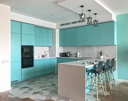 What color goes with turquoise in the kitchen interior