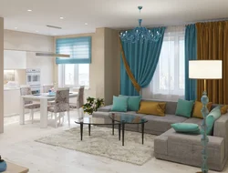 Turquoise in the interior of the kitchen living room