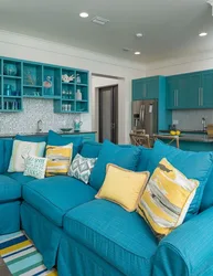 Turquoise in the interior of the kitchen living room