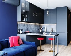 Kitchen design with blue sofa