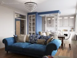 Kitchen design with blue sofa