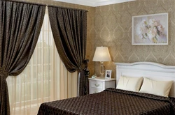Brown curtains in the bedroom interior