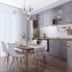 Combination of white gray and beige in the kitchen interior