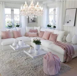Living room design with white wallpaper and furniture