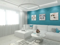 Living room in beige and blue tones design
