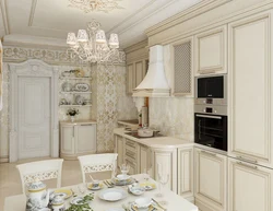 Design of a classic kitchen living room in light colors