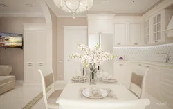 Design of a classic kitchen living room in light colors