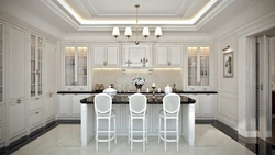 Дизайн классической кухни гостиной в светлых тонах