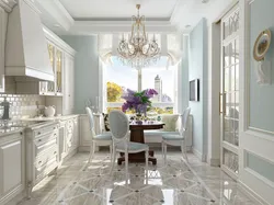 Design of a classic kitchen living room in light colors
