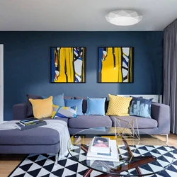 Dark blue color in the living room interior