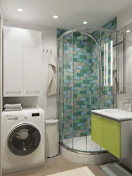 Photo of a small bathroom with shower and washing machine