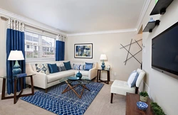 Blue and beige in the living room interior photo