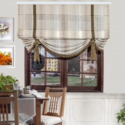 Roman blinds in the kitchen interior with tulle