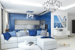 White and blue living room photo