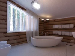 Interior Of A Bathroom In A Wooden House Made Of Logs