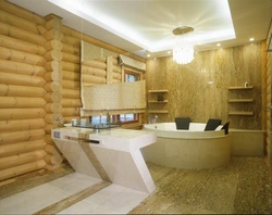 Interior of a bathroom in a wooden house made of logs