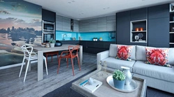 Blue kitchen living room interior photo