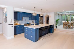Blue kitchen living room interior photo