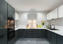 Kitchen with gray walls and white furniture photo