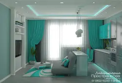 Turquoise color of curtains in the kitchen photo