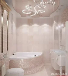 Bathroom design with a corner bathtub in light colors