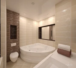 Bathroom design with a corner bathtub in light colors