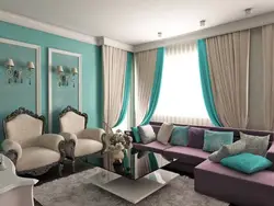 Photo of a living room with a sea-green sofa