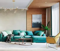 Photo of a living room with a sea-green sofa