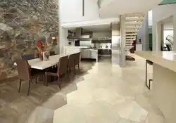 Дизайн пола в кухне гостиной из керамогранита фото