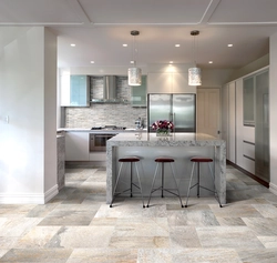 Floor design in the living room kitchen made of porcelain stoneware photo