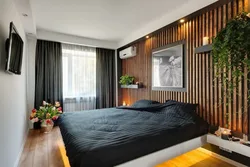 Bedroom design with slats on the wall