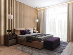 Дизайн спальни с рейками на стене