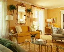 Living room design with yellow wallpaper